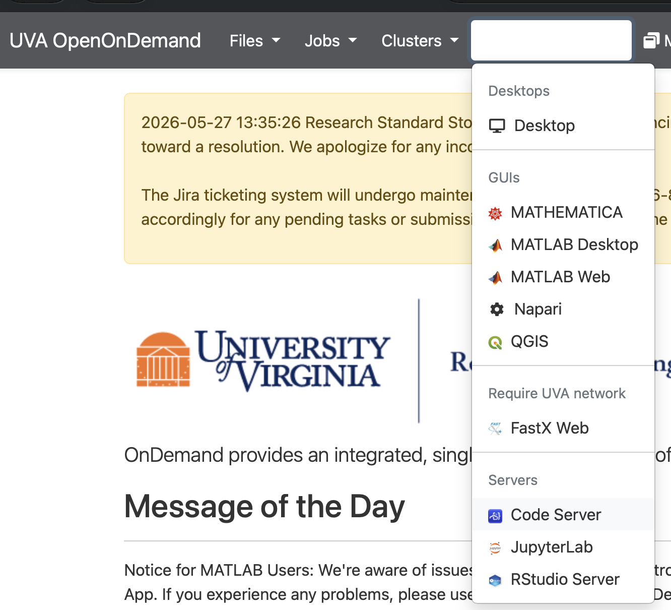 OOD Interactive Apps dropdown with Code Server highlighted under the Servers section