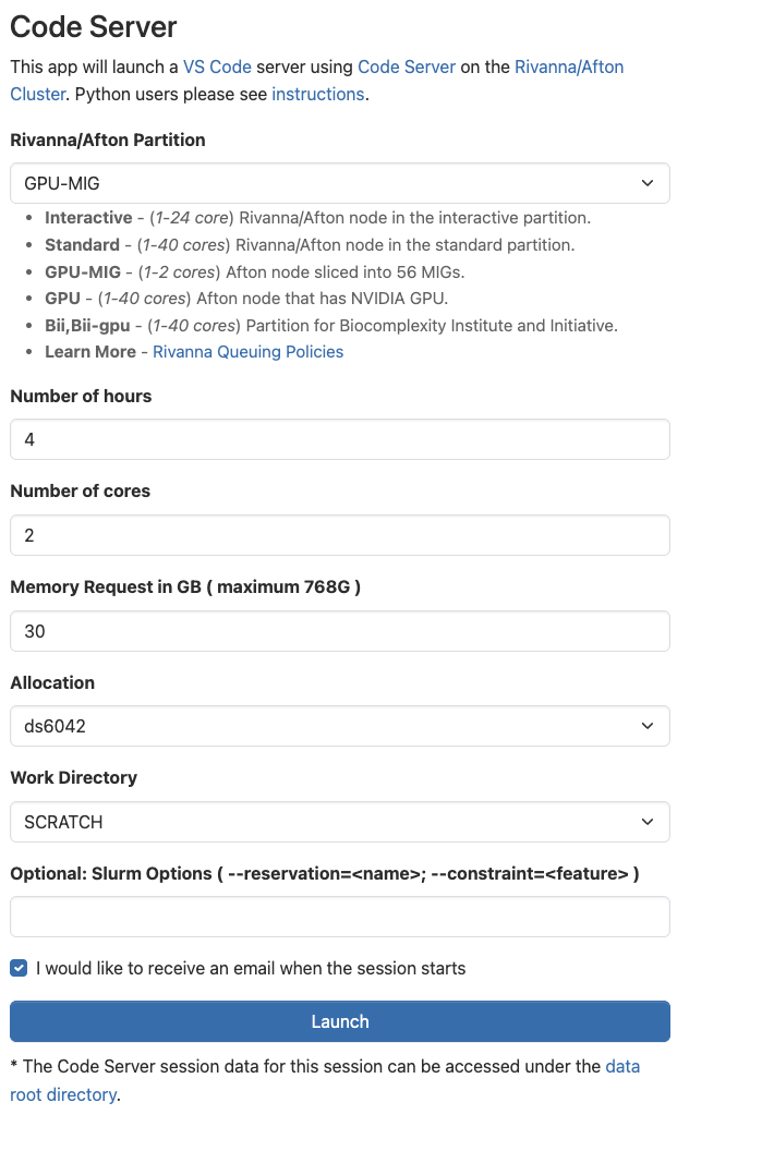 OOD Code Server configuration form: partition=GPU-MIG, hours=4, cores=2, memory=30 GB, allocation=ds6042, Work Directory=SCRATCH, ready to press Launch