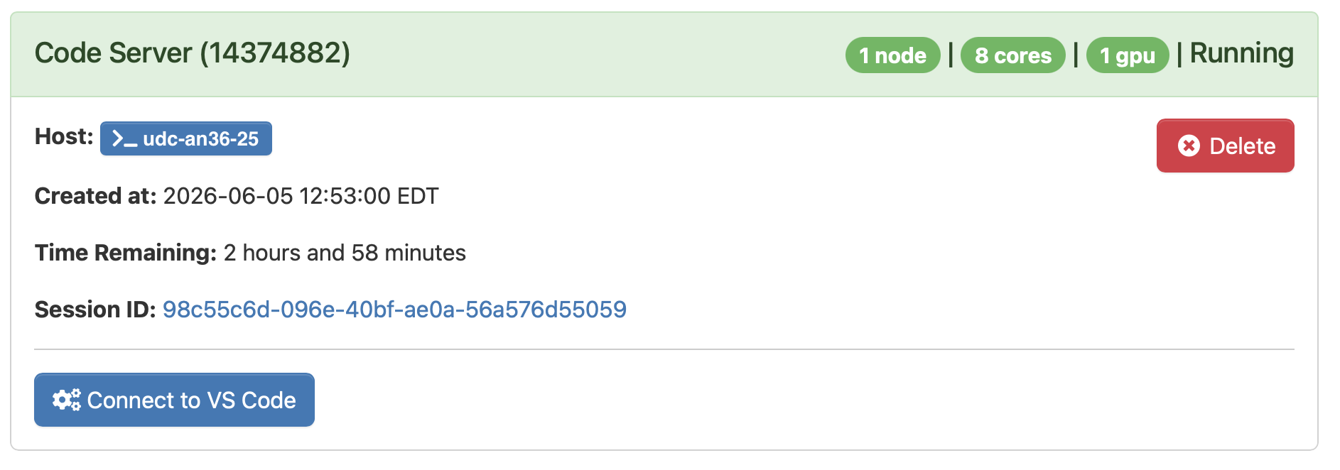 OOD My Interactive Sessions showing a Running Code Server card with the host name, time remaining, session ID, a Delete button, and a Connect to VS Code button