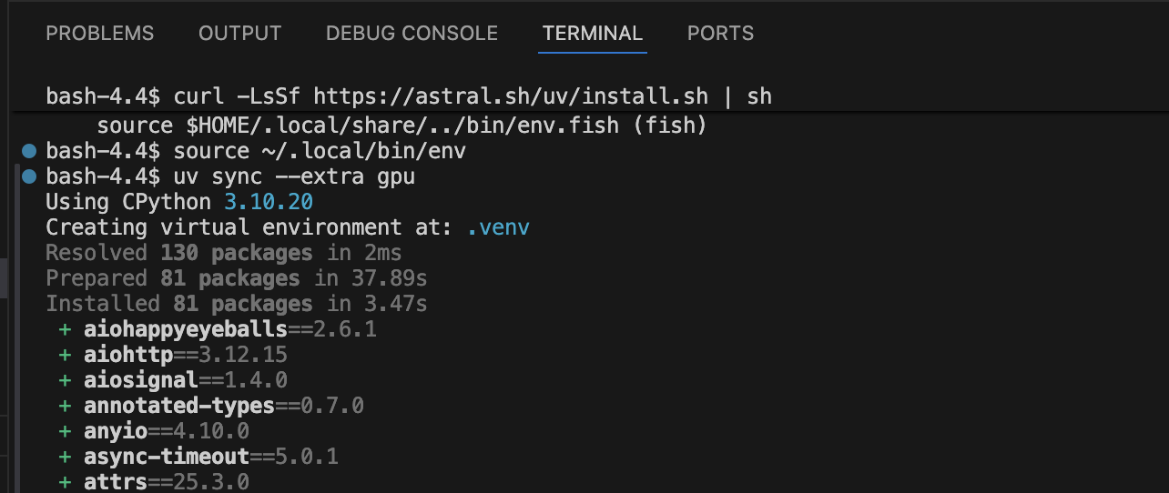 Code Server terminal showing curl uv install, source env, uv sync --extra gpu output: Using CPython 3.10.20, Creating virtual environment at .venv, Resolved 130 packages in 2ms, Prepared 81 packages in 37.89s, Installed 81 packages in 3.47s, followed by the first installed packages