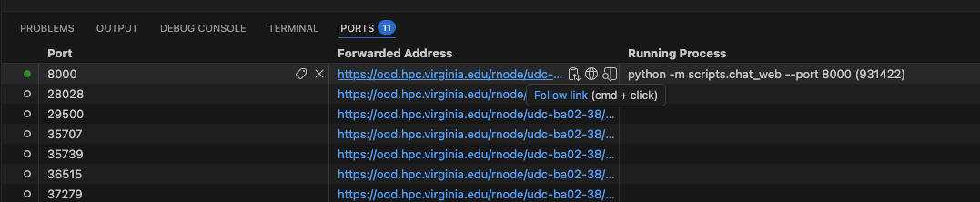 VS Code Ports panel inside Code Server: port 8000 forwarded to an ood.hpc.virginia.edu/rnode URL, with the running python -m scripts.chat_web --port 8000 process listed