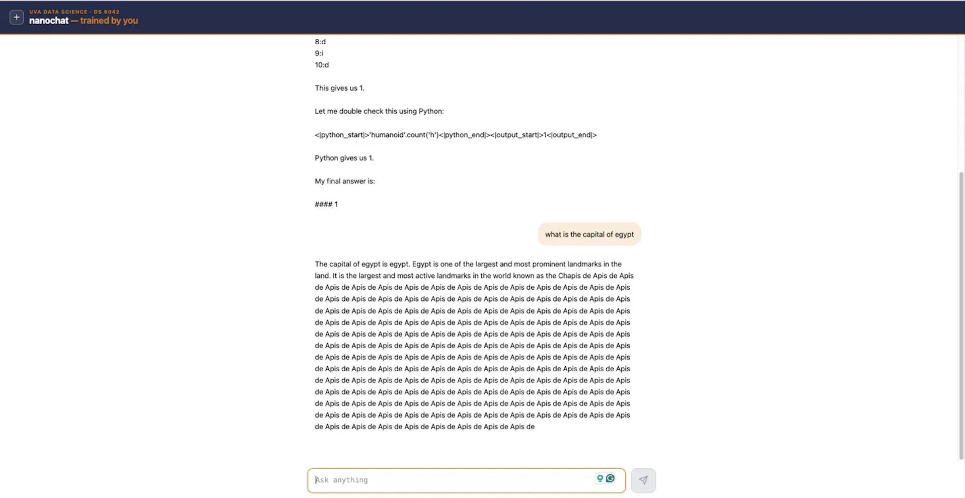 nanochat web UI with a UVA-navy header, showing a question about the capital of Egypt and the depth-4 model degenerating into repeated text