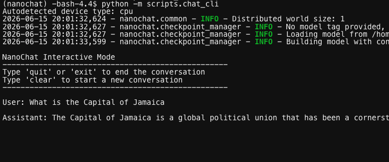 chat_cli terminal session in NanoChat Interactive Mode: asked the capital of Jamaica, the depth-4 model confidently answers with hallucinated nonsense